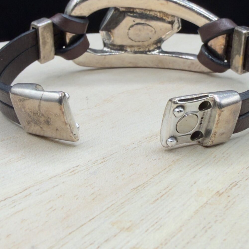 Handcrafted Leather Bracelet Silver Tone Metal Iridescent Glass Stone Magnetic - Picture 8 of 13